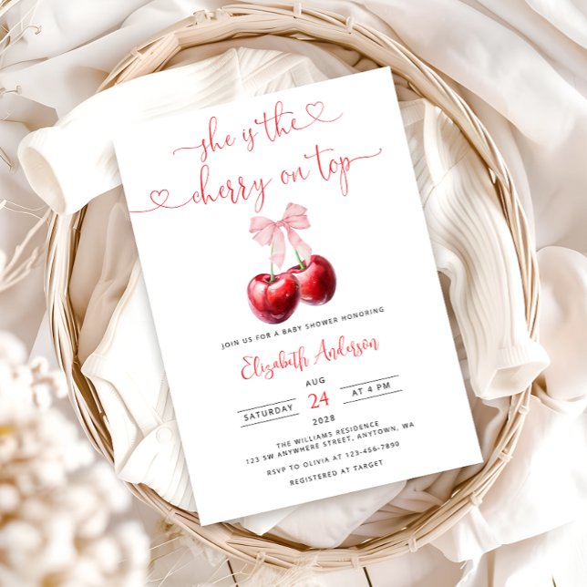 Coquette Cherry on Top Bow Baby Shower Invitation (Creator Uploaded)