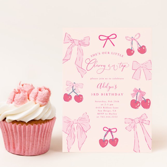 Coquette Cherry on Top Bow Birthday Party Invitation (Creator Uploaded)