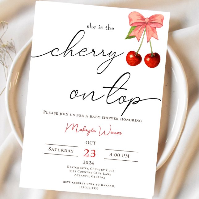 Coquette Cherry on Top  cherry Baby Girl Shower Invitation (Creator Uploaded)