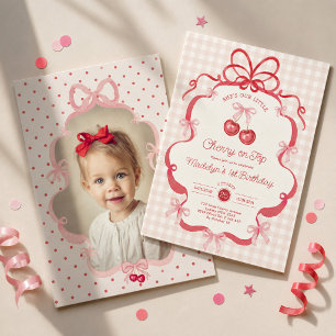 Coquette Cherry On Top Girl First Birthday Photo Invitation