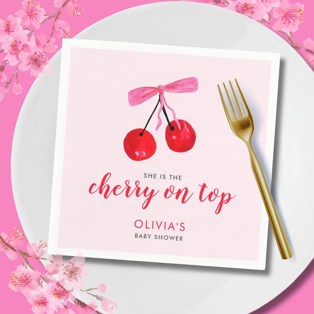 Coquette Cherry on Top Girls Baby Shower Napkins (Cherry on Top Baby Shower paper napkin with coquette cherries and pink ribbon bow)