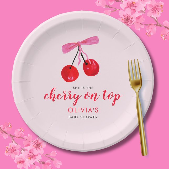 Coquette Cherry on Top Girls Baby Shower Paper Plates (Cherry on Top Baby Shower  paper plate with coquette cherries and pink ribbon bow)