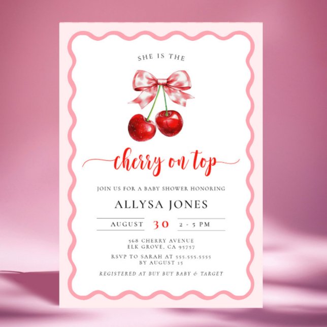 Coquette Cherry On Top Wavy Cherry Baby Shower Invitation (Creator Uploaded)