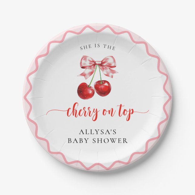 Coquette Cherry On Top Wavy Cherry Baby Shower Paper Plates (Front)