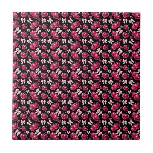 Coquette Cherry Pattern Pink Bow Aesthetic  Ceramic Tile (Front)