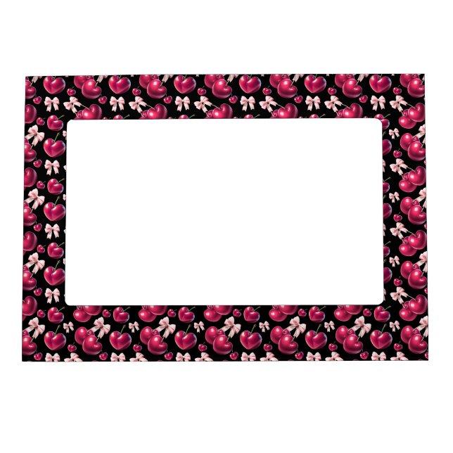 Coquette Cherry Pattern Pink Bow Aesthetic  Magnetic Frame (Front)