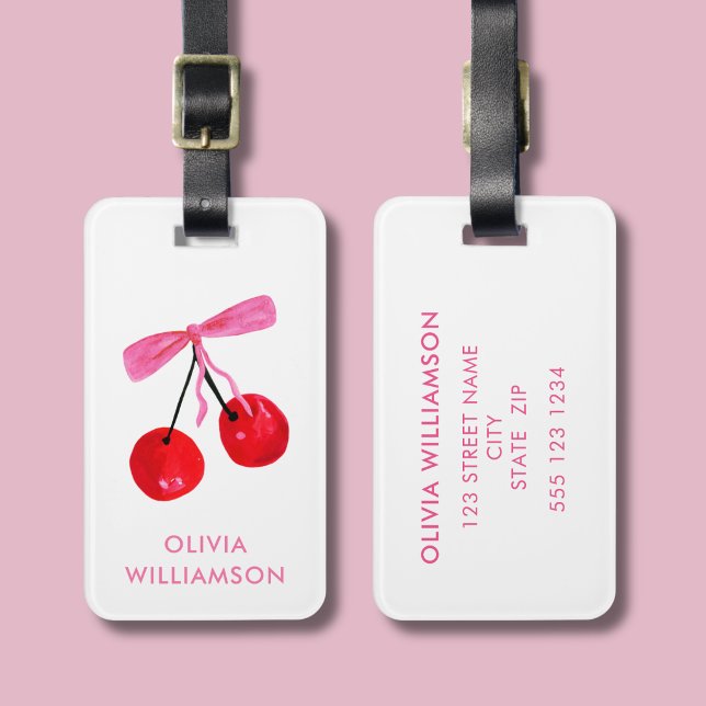 Coquette Cherry & Pink Bow Luggage Tag (Coquette Cherry & pink bow pattern luggage tag)