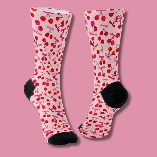 Coquette Cherry & Pink Bow pattern Socks (Cute cherry & bow, coquette aesthetic patterned socks)