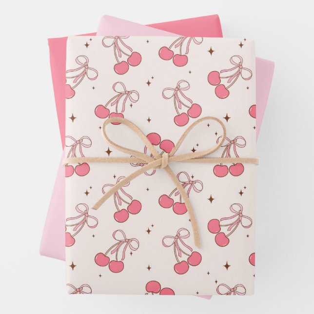 Coquette Cherry Pink Bow Wrapping Paper Sheet Set (In situ)