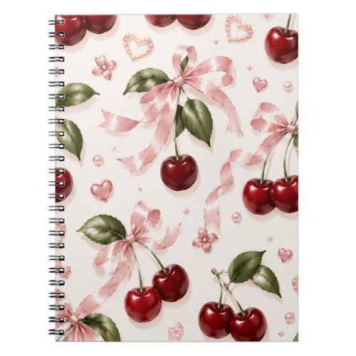 Coquette Cherry & Pink Satin Bow Seamless Pattern Notebook