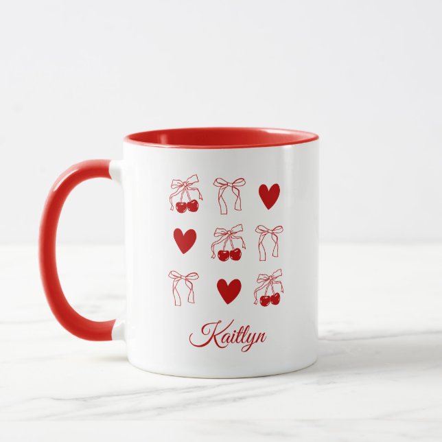 Coquette Cherry Red Bow Bachelorette Party Favor Mug (Left)