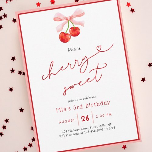 Coquette Cherry Sweet 2nd 3rd Birthday Invitation