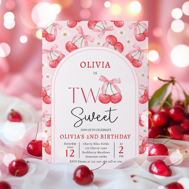Coquette Cherry Two Sweet 2nd Birthday Party Invitation (Creator Uploaded)