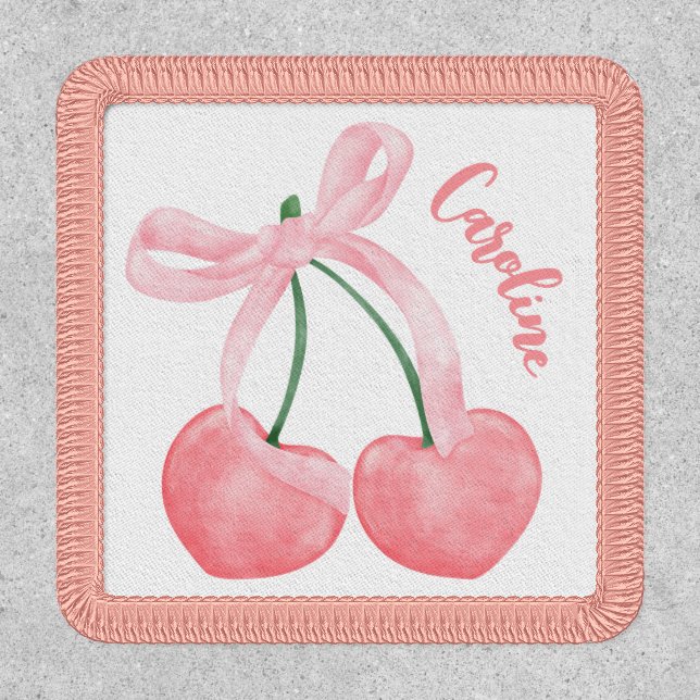 Coquette Cherry w/ Pink Bow Cute Aesthetic Iron On Patch (Front)