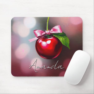 Coquette Cherry with Pink Bow and Leaf Mouse Pad