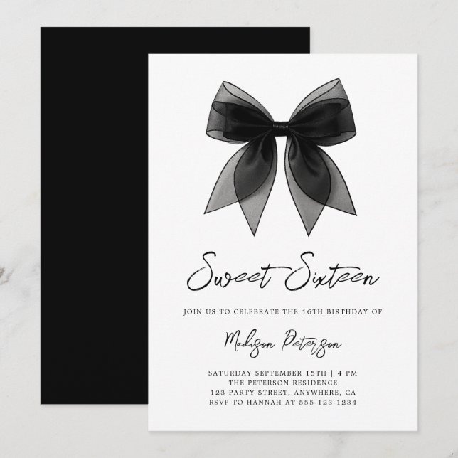 Coquette Chic Minimal Black Bow Sweet 16 Birthday Invitation (Front/Back)