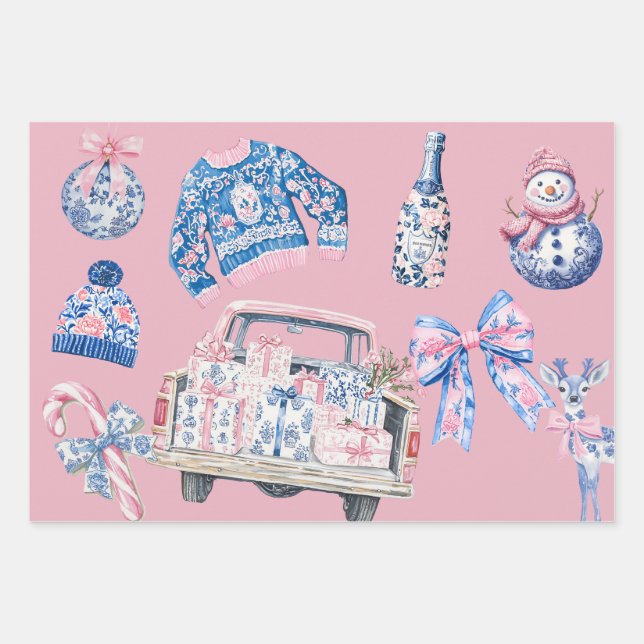 Coquette Chinoiserie Christmas illustrations Wrapping Paper Sheets (Front)