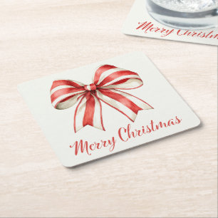 Coquette Christmas Bow Red White Candy Cane Stripe Square Paper Coaster