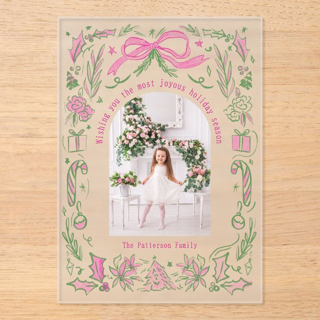 Coquette Christmas Family Photo Pink Green Doodle Acrylic Invitations (Front)
