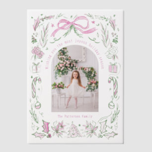 Coquette Christmas Family Photo Pink Green Doodle Vellum Invitations