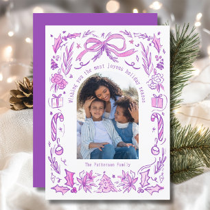 Coquette Christmas Family Photo Purple Pink Doodle Holiday Card