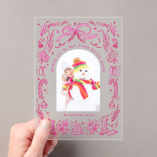Coquette Christmas Family Photo Red Pink Doodle Acrylic Invitations