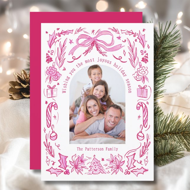Coquette Christmas Family Photo Red Pink Doodle Holiday Card (Creator Uploaded)