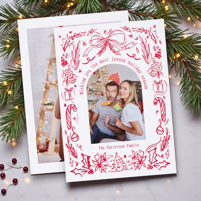 Coquette Christmas Family Photo Whimsical Doodle Letterpress Photo Cards (Creator Uploaded)