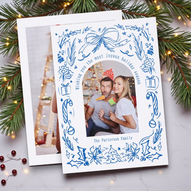 Coquette Christmas Family Photo Whimsical Doodle Letterpress Photo Cards (Creator Uploaded)