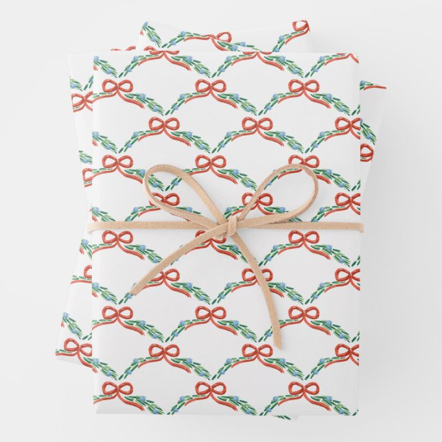 Coquette Christmas Garland Scalloped Doodle Wrapping Paper Sheets (In situ)