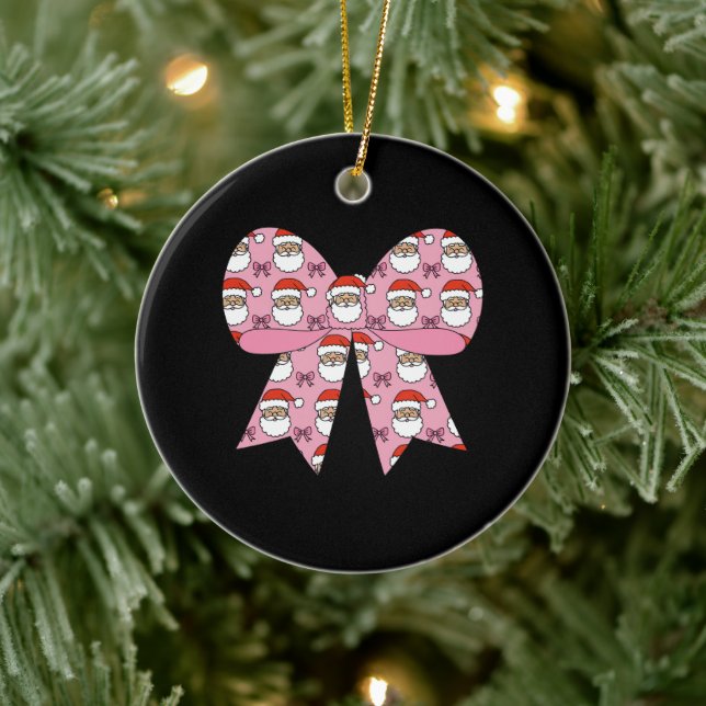 Coquette Christmas Pink Bow Santa Vintage Retro  Ceramic Ornament (Tree)