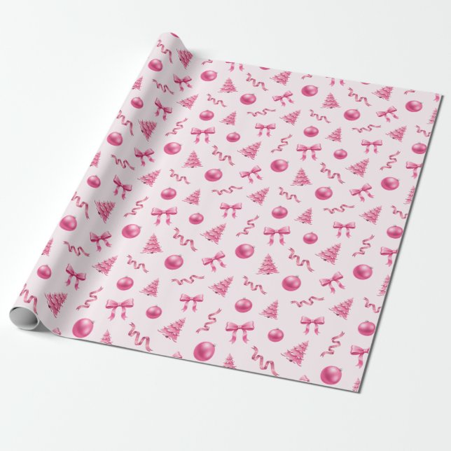 Coquette Christmas Pink Ornaments and Bows Wrapping Paper (Unrolled)
