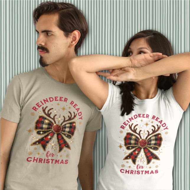Coquette Christmas Plaid Reindeer Ready Bow T-Shirt (Creator Uploaded)