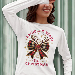 Coquette Christmas Plaid Reindeer Ready Bow T-Shirt