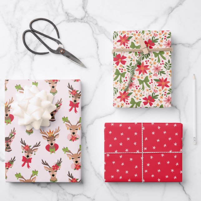 Coquette Christmas Preppy Reindeer Wrapping Paper Sheets (Front)