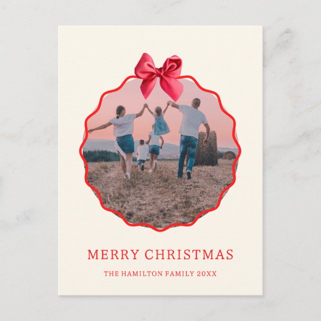 Coquette Christmas Red Bow Wavy Photo  Holiday Postcard (Front)
