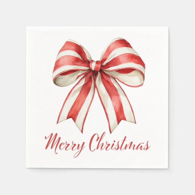 Coquette Christmas Red & White Candy Cane Bow Napkins (Front)