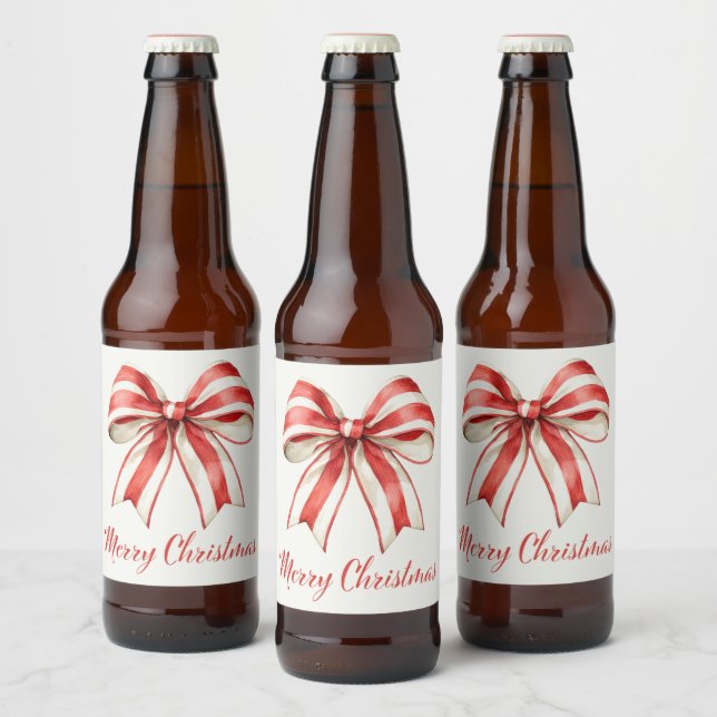 Coquette Christmas Red White Candy Cane Stripe Bow Beer Bottle Label (Bottles)