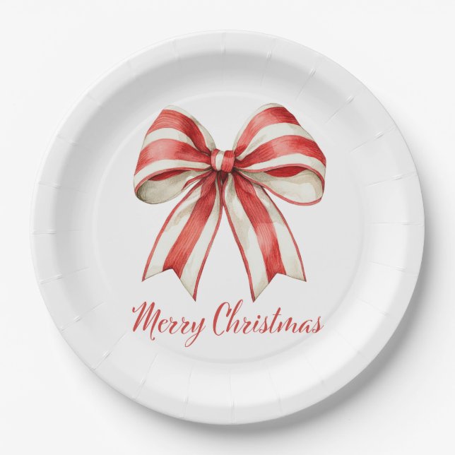 Coquette Christmas Red White Candy Cane Stripe Bow Paper Plates (Front)