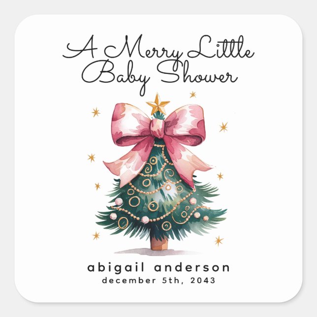 Coquette Christmas Tree Bow Baby Shower Square Sticker (Front)