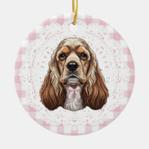 Coquette Cocker Spaniel Dog Pink Gingham Bows Ceramic Ornament