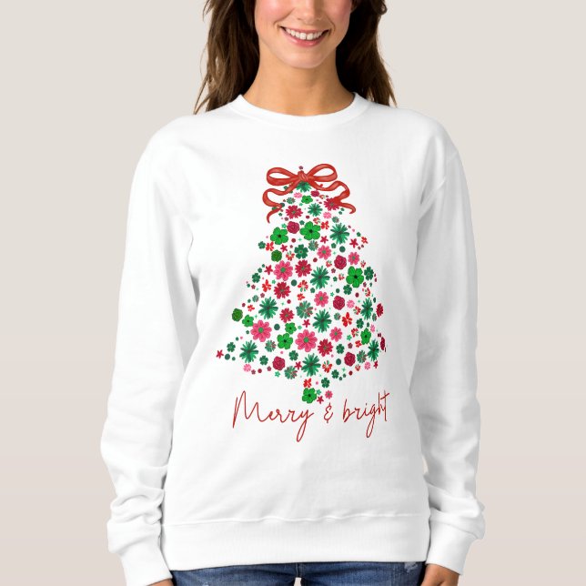 Coquette-Core Floral Christmas Tree With Bow Sweatshirt (Front)