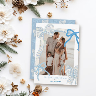 Coquette-Core Pale Blue Bows Christmas Photo Holiday Card