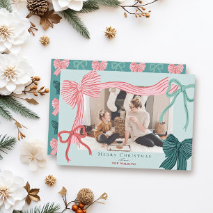 Coquette-Core Red Green Bows Green Christmas Photo Holiday Card