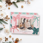 Coquette-Core Red Green Bows Pink Christmas Photo Holiday Card<br><div class="desc">Celebrate the season in style with this charming, coquette-inspired Christmas photo card, featuring hand-drawn bows, soft colors, and a romantic, ribbon-filled design. The front features your favorite picture framed by four hand-drawn bows—one bold pink ribbon with red stripes, one green ribbon with navy stripes, plus two smaller accents in classic...</div>