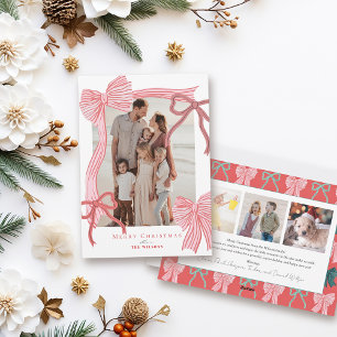 Coquette-Core Red & Pink Bows 4 Photos Christmas Holiday Card