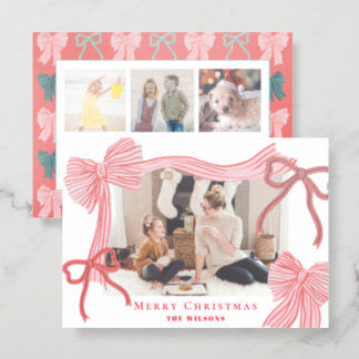 Coquette-Core Red & Pink Bows 4 Photos Christmas Letterpress Photo Cards