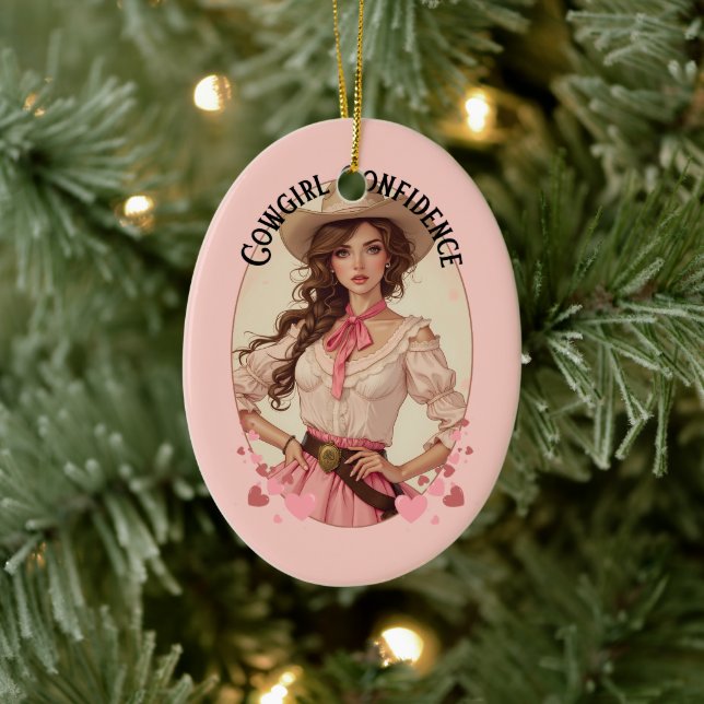 Coquette Cowgirl Western Fashion Portrait Ceramic Ornament (Tree)