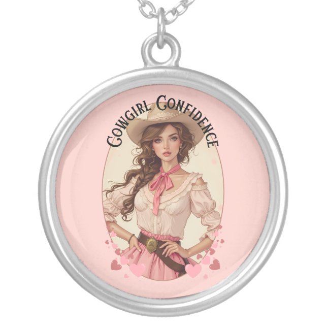 Coquette Cowgirl Western Fashion Portrait Silver Plated Necklace (Front)