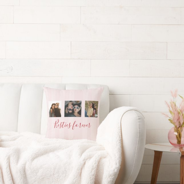 coquette Custom Besties Photos Collage Pink Stripe Throw Pillow (Couch)